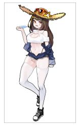 Rule 34 | 1girl, :d, bandaid, bandaid on cheek, bandaid on face, bandaid on leg, bare shoulders, black footwear, blue jacket, blue shorts, breasts, brown hair, brown hat, cat cutout, cleavage, cleavage cutout, clothing cutout, creatures (company), crop top, crop top overhang, cutoffs, denim, denim jacket, denim shorts, eyewear on headwear, fang, flower, food, full body, game freak, hand up, hat, hat flower, highleg, highres, holding, jacket, large breasts, long hair, looking at viewer, micro shorts, midriff, navel, nintendo, off shoulder, open clothes, open fly, open jacket, open mouth, orange eyes, pokemon, pokemon sm, popsicle, revealing clothes, second-party source, shirt, shoes, shorts, shoulder cutout, sightseer (pokemon), skindentation, smile, sneakers, solo, standing, stomach, straw hat, sunglasses, thighhighs, thighs, weaselweasel, white shirt, white thighhighs