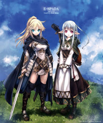 Rule 34 | &gt;:), 2girls, :d, armor, belt, black legwear, blonde hair, blue eyes, blue hair, boots, cape, capelet, cloud, corset, day, dress, elf, guitar, hitomaru, hood, instrument, knee boots, long hair, lute (instrument), multiple girls, open mouth, original, outdoors, pointy ears, ponytail, red eyes, sheath, short dress, sky, smile, sword, thighhighs, underbust, v-shaped eyebrows, v arms, weapon