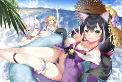 Rule 34 | 3girls, :3, ^ ^, ahoge, animal ear fluff, animal ears, antenna hair, aqua eyes, beach, bikini, black hair, blonde hair, blouse, blush, breasts, bridal garter, cat ears, chinese commentary, cleavage, closed eyes, cro (artist), cro (pixiv14643743), fisheye, flower, green eyes, grey hair, hair between eyes, hair flower, hair ornament, hat, highres, inflatable raft, karyl (princess connect!), karyl (summer) (princess connect!), kokkoro (nullcan), kokkoro (princess connect!), kokkoro (summer) (princess connect!), long hair, looking at viewer, low twintails, medium breasts, multicolored hair, multiple girls, navel, open clothes, open mouth, open shirt, orange hair, pecorine (princess connect!), pecorine (summer) (princess connect!), princess connect!, shirt, short hair, smile, streaked hair, sun hat, swimsuit, tail, twintails, v, viewfinder, w, water