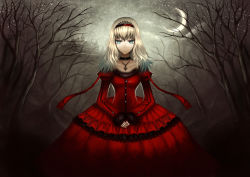 Rule 34 | 1girl, alice (alice in wonderland), alice in wonderland, aqua eyes, blonde hair, choker, crescent moon, dress, gia, highres, jewelry, mansion, moon, necklace, red dress, solo, tree