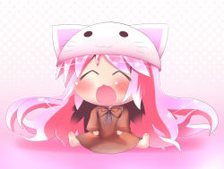 Rule 34 | 1girl, animal hat, bad id, bad pixiv id, cat hat, chibi, closed eyes, dress, hat, highres, long hair, megurine luka, megurine luka (toeto), no nose, oneb (daidokoro), open mouth, pink hair, ribbon, sitting, solo, toeto (vocaloid), vocaloid