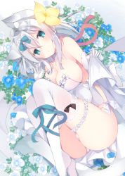 Rule 34 | 1girl, ahoge, animal ear fluff, animal ears, aqua bow, aqua eyes, back bow, bad id, bad twitter id, bare shoulders, black bow, bow, breasts, cat ears, cat girl, cat tail, chestnut mouth, choker, cleavage, clothes lift, commentary request, dress, elbow gloves, flower, flower request, flower wreath, from above, full body, gloves, hair between eyes, hair bow, hair flower, hair ornament, hair ribbon, lace, lace-trimmed legwear, lace trim, large breasts, leg ribbon, lifted by self, looking at viewer, lying, neck ribbon, on side, original, panties, ribbon, ribbon panties, satsuki mayuri, side-tie panties, silver hair, skindentation, skirt, skirt lift, sleeveless, sleeveless dress, solo, tail, thigh strap, thighhighs, underwear, white dress, white panties, white thighhighs