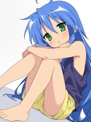 1girl absurdres ahoge anime_coloring blue_hair blue_tank_top dutch_angle green_eyes hair_between_eyes highres izumi_konata long_hair looking_at_viewer lucky_star mole mole_under_eye ogaoekaki parted_bangs shorts simple_background solo tank_top very_long_hair white_background yellow_shorts