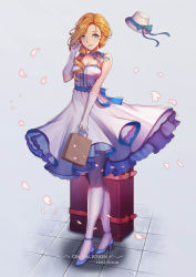 Rule 34 | 1girl, adjusting hair, azur lane, bag, bare shoulders, blonde hair, blue eyes, breasts, character name, cherry blossoms, cleavage, commentary request, dress, english text, gloves, hair over shoulder, handbag, hat, unworn hat, unworn headwear, high heels, highres, hood (azur lane), j junz, light smile, long hair, looking at viewer, luggage, medium breasts, neck ribbon, pantyhose, petals, ribbon, solo, suitcase, white dress, white gloves