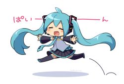 Rule 34 | aqua hair, aqua necktie, bare shoulders, black skirt, black sleeves, black thighhighs, chibi, closed eyes, commentary, detached sleeves, full body, grey shirt, hair ornament, hatsune miku, headphones, headset, jumping, long hair, necktie, nokuhashi, outstretched arms, outstretched legs, shadow, shirt, skirt, sleeveless, sleeveless shirt, solo, thighhighs, twintails, twitter username, very long hair, vocaloid, white background, zettai ryouiki