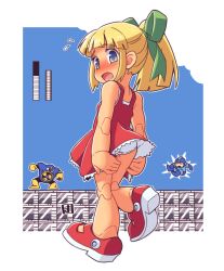 Rule 34 | 1girl, air man, android, bare arms, bare shoulders, blonde hair, blue eyes, blush, breasts, dress, fang, flying sweatdrops, full body, green ribbon, hair ribbon, health bar, joints, long hair, looking at viewer, mary janes, mawaru (mawaru), mega man (character), mega man (classic), mega man (series), mega man 2, nose blush, open mouth, outline, panties, pantyshot, ponytail, red dress, red footwear, ribbon, robot joints, roll (mega man), shoes, small breasts, solo focus, underwear, white outline, white panties