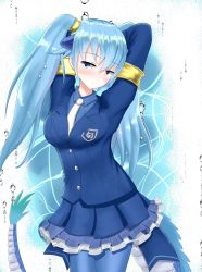 Rule 34 | 1girl, aqua background, armlet, arms behind head, arms up, blue hair, blue jacket, blue pantyhose, blue shirt, blue skirt, blue suit, collared shirt, dragon tail, eye color request, formal, highres, horns, jacket, japari symbol, japari symbol print, kemono friends, long hair, looking at viewer, necktie, negi 0712, pantyhose, pleated skirt, seiryuu (kemono friends), shirt, skirt, solo, suit, tail, twintails, water drop, white background, white necktie