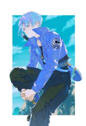 Rule 34 | 1boy, black pants, blue eyes, blue jacket, boots, closed mouth, commentary, day, dragon ball, dragonball z, gcckg, high collar, highres, hugging own legs, jacket, long sleeves, male focus, outdoors, pants, purple hair, rock, sheath, sheathed, sitting, sky, solo, sword, trunks (dragon ball), trunks (future) (dragon ball), weapon, weapon on back