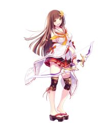 Rule 34 | 1girl, absurdres, bow (weapon), breasts, brown hair, detached sleeves, floral print, full body, hair ornament, highres, holding bow (weapon), inagawa mana, japanese clothes, knee pads, large breasts, long hair, looking at viewer, mana kakkowarai, miko, nontraditional miko, official art, open mouth, platform footwear, ribbon-trimmed sleeves, ribbon trim, school uniform, serafuku, shirt, sideboob, skirt, smile, solo, transparent background, valkyrie drive, valkyrie drive -bhikkhuni-, very long hair, weapon, wide sleeves, yellow eyes