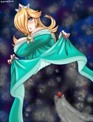 Rule 34 | absurdres, awesomeerix, blonde hair, blue dress, blush, boots, breasts, cleavage, dress, earrings, flying, galaxy, giant, giantess, gloves, hat, highres, huge breasts, jewelry, large breasts, long hair, mario, mario (series), nail polish, nintendo, overalls, rosalina, super mario galaxy