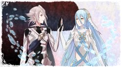 Rule 34 | 1boy, 1girl, armor, azura (fire emblem), blue hair, chlxms, collar, corrin (fire emblem), corrin (male) (fire emblem), corrin (male) (fire emblem), dress, elbow gloves, eye contact, fire emblem, fire emblem fates, gloves, hetero, holding hands, long hair, looking at another, nintendo, red eyes, ribbon, short hair, silver hair, upper body, veil, very long hair, water, white dress, yellow eyes