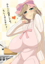 Rule 34 | 10s, 1girl, apron, blonde hair, bow, breasts, cooking, green eyes, hair bow, haruka (senran kagura), huge breasts, looking at viewer, pot, ribbed sweater, senran kagura, short hair, smile, solo, stove, sweater, toudori, translation request, turtleneck