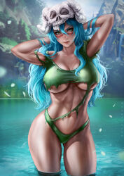 Rule 34 | 1girl, aqua hair, arms behind head, artist name, bleach, breasts, breasts apart, dandon fuga, facial mark, female focus, gluteal fold, grey eyes, highres, lake, large breasts, long hair, looking at viewer, navel, nelliel tu odelschwanck, outdoors, petals, skull on head, smile, solo, standing, stomach, thick thighs, thighs, torn clothes, underboob, wading, water