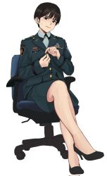 1girl bare_legs black_footwear black_hair chair copyright_request green_jacket green_skirt high_heels highres jacket military_uniform office_chair short_hair simple_background sitting skirt solo sweatdrop swivel_chair wani_(perfect_han) white_background