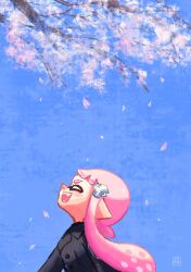 Rule 34 | 1girl, black jacket, blue sky, branch, buttons, cherry blossoms, closed eyes, commentary, falling petals, hair ornament, hairclip, highres, inkling, inkling girl, inkling player character, jacket, long hair, maki splakugaki, nintendo, open mouth, petals, pink hair, pointy ears, sideways mouth, sky, smile, solo, splatoon (series), symbol-only commentary, teeth, tentacle hair, upper body