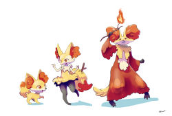 Rule 34 | 1girl, 1other, :3, absurdres, animal ear fluff, animal ears, animal nose, arm up, artist name, black fur, body fur, braixen, closed mouth, creatures (company), delphox, evolutionary line, eye contact, fennekin, fire, flat chest, fox ears, fox girl, fox tail, from side, full body, furry, furry female, game freak, gen 6 pokemon, hands up, happy, highres, holding, holding stick, leg up, legs apart, looking at another, looking down, looking up, neck fur, nintendo, open mouth, pokemon, pokemon (creature), pyrokinesis, red eyes, red fur, signature, simple background, smile, snout, solo, standing, standing on one leg, stick, tail, white background, white fur, yellow fur, zigrock