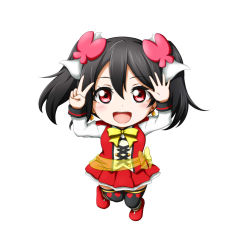 Rule 34 | 10s, 1girl, :d, black hair, bow, bowtie, butterfly hair ornament, chibi, cross-laced clothes, earrings, hair between eyes, hair ornament, heart, heart print, jewelry, kuena, looking at viewer, love live!, love live! school idol project, open mouth, red eyes, red footwear, shoes, simple background, skirt, smile, solo, sunny day song, thighhighs, twintails, v, white background, yazawa nico, yellow bow, yellow bowtie