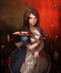 Rule 34 | 1girl, alice: madness returns, alice (alice in wonderland), alice in wonderland, alice liddell (american mcgee&#039;s alice), american mcgee&#039;s alice, apron, blood, blood on clothes, brown hair, card, dress, floating card, green eyes, jewelry, knife, lips, long hair, nawol, necklace, smile, solo, weapon