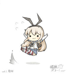 Rule 34 | 10s, 1girl, :3, anchor, arms up, bad id, bad pixiv id, blonde hair, chibi, elbow gloves, flying sweatdrops, gloves, hair ornament, highres, kantai collection, legs up, long hair, shadow, shimakaze (kancolle), simple background, solo, striped clothes, striped thighhighs, thighhighs, white background, yuasan
