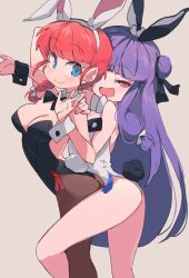 Rule 34 | 2girls, animal ears, ass, black bow, blue eyes, bow, breasts, brown background, cleavage, legs, leotard, multiple girls, open mouth, playboy bunny, purple hair, rabbit ears, rabbit tail, ranma-chan, ranma 1/2, red eyes, red hair, saotome ranma, shampoo (ranma 1/2), shimazaki1152, simple background, smile, tail, white bow