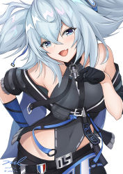 Rule 34 | 1girl, :d, asymmetrical gloves, bare shoulders, belt, black gloves, black leotard, blue eyes, breasts, cape, covered navel, dated, fang, french flag, girls&#039; frontline, gloves, hair between eyes, hand on own hip, hand up, head tilt, leotard, leotard under clothes, long hair, looking at viewer, medium breasts, mismatched gloves, off shoulder, open mouth, pa-15 (girls&#039; frontline), short sleeves, signature, silver hair, simple background, smile, solo, thick eyebrows, twitter username, unel, upper body, v-shaped eyebrows, white background