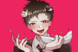 Rule 34 | 1boy, absurdres, ahoge, alternate eye color, bear hair ornament, black jacket, black necktie, blush, brown hair, commentary, commentary request, danganronpa (series), danganronpa 3 (anime), drooling, formal, hair ornament, hands up, highres, hinata hajime, holding, jacket, looking at viewer, male focus, necktie, no uvula, open mouth, pill, pink background, pink eyes, saliva, shirt, short hair, simple background, solo, symbol-shaped pupils, tissue, tongue, tongue out, tuteurfars shin, white shirt
