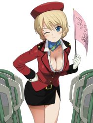 Rule 34 | 10s, 1girl, a1 (initial-g), alternate costume, belt, belt buckle, black belt, blonde hair, blouse, blue eyes, blush, braid, breasts, buckle, chair, cleavage, collarbone, darjeeling (girls und panzer), downblouse, epaulettes, flag, french braid, girls und panzer, gloves, hand on own hip, hat, holding, holding flag, jacket, leaning forward, long sleeves, medium breasts, one eye closed, open clothes, open jacket, open shirt, pencil skirt, red hat, red jacket, shirt, simple background, skirt, smile, solo, translation request, white background, white gloves