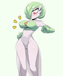 Rule 34 | 1girl, :&lt;, absurdres, ass, bare shoulders, blush, bob cut, breasts, cleavage, closed mouth, colored skin, covered erect nipples, covered navel, creatures (company), elbow gloves, female focus, game freak, gardevoir, gen.fleur, gen 3 pokemon, gloves, gluteal fold, green background, green gloves, green hair, groin, hair over one eye, hand up, highres, large breasts, legs, leotard, looking down, multicolored leotard, nintendo, notice lines, one eye covered, pokemon, pokemon (creature), raised eyebrows, red eyes, shiny skin, short hair, simple background, solo, split mouth, standing, strapless, strapless leotard, thighs, white skin, wide hips