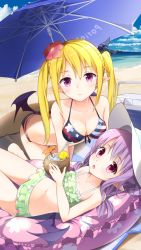 Rule 34 | 2girls, bare shoulders, bat wings, beach, beach umbrella, bikini, blonde hair, blush, breasts, cleavage, coconut, flower, front-tie top, fruit cup, hair flower, hair ornament, hair ribbon, hat, kutata, large breasts, long hair, looking at viewer, multiple girls, navel, open mouth, pio (potion maker), pointy ears, polka dot, polka dot bikini, polka dot swimsuit, potion maker, purple eyes, purple hair, ribbon, small breasts, sun hat, swimsuit, tia (potion maker), twintails, umbrella, wings