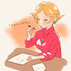 Rule 34 | 1girl, blonde hair, blush, closed mouth, holding, holding pen, jewelry, long sleeves, mother (game), mother 2, necklace, ness&#039;s mother, nintendo, paper, pen, pink shirt, shifumame, shirt, short hair, smile, solo, translation request, writing