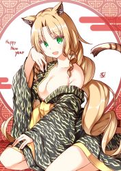 Rule 34 | 1girl, :d, absurdres, alternate costume, animal ears, arknights, bare shoulders, blonde hair, breasts, cleavage, commentary request, drill hair, drill sidelocks, green eyes, happy new year, hasumi takashi, highres, japanese clothes, kimono, long hair, long sleeves, looking at viewer, new year, off shoulder, open mouth, seiza, sidelocks, sitting, smile, solo, swire (arknights), tail, tiger ears, tiger tail, very long hair, wide sleeves