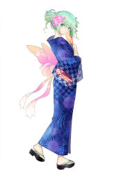 Rule 34 | 1girl, butterfly wings, checkered clothes, checkered kimono, fireworks print, full body, goodsmile racing, hair bun, hair ornament, hand fan, hatsune miku, holding, insect wings, japanese clothes, kimono, logo, long sleeves, looking at viewer, official art, sandals, shiny skin, simple background, smile, solo, standing, tony taka, unmoving pattern, vocaloid, white background, wide sleeves, wings