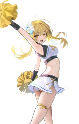 Rule 34 | 1girl, :d, absurdres, arm up, armpits, ass, bare arms, blonde hair, breasts, cheerleader, commentary, cowboy shot, crop top, flower, genshin impact, grey panties, hair flower, hair ornament, highres, holding, holding pom poms, large breasts, long hair, looking at viewer, lumine (genshin impact), midriff, miniskirt, open mouth, panties, pom pom (cheerleading), pom poms, rity, simple background, skirt, smile, solo, standing, thigh strap, thighs, underwear, white background, white flower, white skirt, yellow eyes