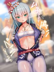 Rule 34 | 1girl, alice gear aegis, blue hair, breasts, commentary request, doyouwantto, green eyes, japanese clothes, looking at viewer, mecha musume, navel, ochanomizu mirie, open mouth, sarashi, signature, small breasts, solo, steaming body, sweat, translation request