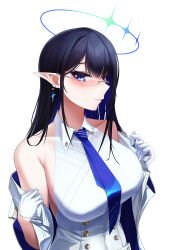 Rule 34 | absurdres, black hair, blue archive, blue hair, blue necktie, blush, breasts, coat, collarbone, colored inner hair, dress, glasses, gloves, halo, highres, large breasts, looking at viewer, multicolored hair, necktie, pointy ears, rimless eyewear, rin (blue archive), simple background, sleeveless, sleeveless dress, smile, ssb (nit8921), two-sided coat, two-sided fabric, two-tone hair, undressing, upper body, white background, white dress, white gloves