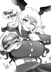 Rule 34 | 1girl, ;p, alternate breast size, bald eagle (kemono friends), belt, bird wings, breasts, burger, buttons, english text, fast food, finger to mouth, food, food on face, gloves, greyscale, hair between eyes, head wings, highres, holding, holding food, huge breasts, jacket, kemono friends, long hair, long sleeves, looking at viewer, monochrome, multicolored hair, one eye closed, skirt, smile, solo, star (symbol), taut clothes, taut jacket, tongue, tongue out, upper body, wings, yokuko zaza