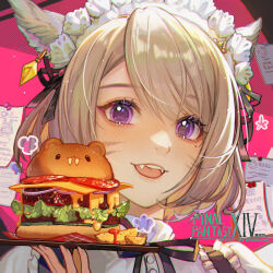 Rule 34 | 1girl, :d, animal ears, artist name, black ribbon, blonde hair, burger, cat ears, cat girl, copyright name, earrings, english text, facial mark, fangs, final fantasy, final fantasy xiv, food, guan tang baozi, highres, holding, holding tray, jewelry, light blush, looking at viewer, maid, maid headdress, miqo&#039;te, mole, mole under eye, neck ribbon, open mouth, paper, portrait, purple eyes, ribbon, short hair, smile, solo, tray, warrior of light (ff14), whisker markings