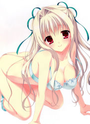 Rule 34 | 10s, 1girl, absurdres, all fours, bare shoulders, blonde hair, bottomless, bra, breasts, cleavage, collarbone, da capo, da capo iii, green bra, green panties, hair intakes, hair ribbon, highres, large breasts, long hair, looking at viewer, panties, panties around leg, red eyes, ribbon, scan, simple background, smile, solo, strap slip, tanihara natsuki, underwear, underwear only, white background, yoshino charles