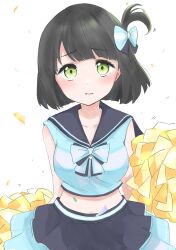 Rule 34 | 1girl, black hair, black skirt, blue bow, blue shirt, blue skirt, blunt bangs, blunt ends, blush, bow, breasts, cheerleader, collarbone, commentary, dress, green eyes, h.s.c.t. (love live!), hair bow, highres, holding, holding pom poms, kumacha, link! like! love live!, looking at viewer, love live!, medium breasts, midriff, momose ginko, nervous smile, official alternate costume, official alternate hairstyle, one side up, open mouth, pleated skirt, pom pom (cheerleading), pom poms, shirt, short hair, simple background, skirt, sleeveless, sleeveless dress, smile, solo, striped bow, upper body, virtual youtuber, white background