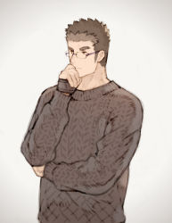 Rule 34 | 1boy, alternate costume, bad id, bad pixiv id, black hair, black sweater, brown hair, casual, chataro1412, glasses, hand on own chin, looking to the side, male focus, rimless eyewear, motoori shiro, short hair, solo, sweater, thick eyebrows, thinking, tokyo houkago summoners, upper body