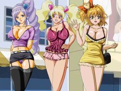 Rule 34 | 3girls, aono miki, areola slip, artist request, black legwear, blonde hair, boots, breasts, cameltoe, cleavage, cosplay, covered erect nipples, cure berry, cure peach, cure pine, dress, earrings, fresh precure!, garter straps, hair ornament, hand on own hip, jewelry, knee boots, large breasts, long hair, looking at viewer, microskirt, midriff, momozono love, multiple girls, navel, open mouth, orange eyes, orange hair, panties, pantyshot, pink eyes, ponytail, precure, purple eyes, purple hair, purple panties, pussy, short dress, skirt, smile, standing, thigh gap, thighhighs, twintails, underwear, very long hair, waving, yamabuki inori, yellow eyes