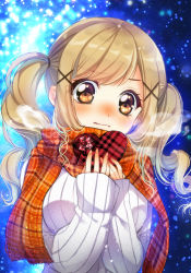 Rule 34 | 1girl, bang dream!, blonde hair, blue background, blurry, blush, bokeh, box, breath, brown eyes, depth of field, gift, hair ornament, heart-shaped box, highres, holding, holding gift, ichigaya arisa, long hair, long sleeves, looking at viewer, plaid, plaid scarf, red scarf, ribbed sweater, scarf, sidelocks, sleeves past wrists, snowing, solo, sweater, tsurugi hikaru, twintails, upper body, valentine, white sweater, x hair ornament