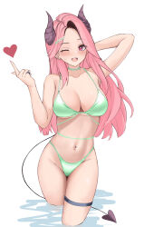 Rule 34 | 1girl, ;d, absurdres, arm behind head, arm up, armpits, bare arms, bare shoulders, bikini, breasts, choker, cleavage, demon girl, demon horns, demon tail, earrings, green bikini, green choker, hair ornament, hairclip, hand up, heart, heart-shaped pupils, highleg, highleg bikini, highres, horns, index finger raised, jewelry, large breasts, long hair, looking at viewer, mole, mole under eye, multi-strapped bikini, navel, navel piercing, one eye closed, open mouth, original, parfait desu, parfy (parfait ehmy), parted bangs, piercing, pink eyes, pink hair, revision, simple background, smile, solo, stomach, string bikini, swimsuit, symbol-shaped pupils, tail, thigh strap, thighs, wading, white background