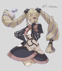 Rule 34 | 1girl, ;), black bow, black capelet, black gloves, black skirt, blonde hair, bow, bowtie, capelet, closed mouth, cropped legs, elise (fire emblem), fire emblem, fire emblem fates, floating hair, gloves, grey background, hair bow, hand on own hip, highres, karashino, long hair, looking at viewer, multicolored hair, nintendo, one eye closed, pink bow, pink bowtie, pink eyes, purple hair, simple background, skirt, smile, solo, twitter username, two-tone hair, very long hair