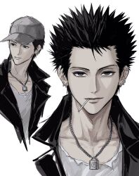 1boy baseball_cap black_eyes black_hair black_jacket cigarette closed_mouth collarbone collared_jacket ear_piercing grey_hat hair_slicked_back hat highres honjou_ren jacket jewelry light_smile looking_at_viewer looking_back male_focus multiple_piercings multiple_views nana_(series) necklace open_clothes open_jacket pectoral_cleavage pectorals piercing popped_collar sanpaku shirt short_hair simple_background smoking solo spiked_hair sso_s upper_body white_background white_shirt