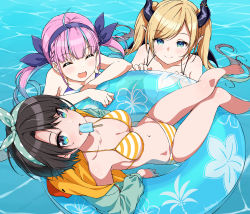 Rule 34 | 3girls, :d, ^ ^, absurdres, ahoge, aqua hairband, asanaya, barefoot, bikini, black hair, black horns, blue eyes, blue hair, blue hairband, blunt bangs, breasts, closed eyes, closed mouth, commentary request, food, hairband, highres, hololive, horns, looking at another, looking at viewer, medium breasts, minato aqua, mouth hold, multicolored hair, multiple girls, navel, oozora subaru, oozora subaru (hololive summer 2019), open mouth, partially submerged, polka dot, polka dot hairband, popsicle, short hair, smile, striped bikini, striped clothes, swimsuit, twintails, twitter username, two-tone hair, virtual youtuber, water, yuzuki choco