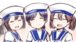 Rule 34 | 3girls, bad id, bad twitter id, black hair, brown hair, commentary request, cosplay, daitou (kancolle), dress, closed eyes, hat, hiburi (kancolle) (cosplay), hiburi (kancolle), kantai collection, kirigakure (kirigakure tantei jimusho), multiple girls, open mouth, ponytail, ryuujou (kancolle), sailor dress, sailor hat, short hair, sidelocks, smile, twintails, upper body