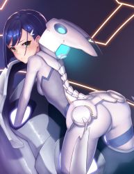 Rule 34 | 10s, 1girl, ass, bad id, bad pixiv id, blue hair, bodysuit, breasts, darling in the franxx, green eyes, hair ornament, hairclip, ichigo (darling in the franxx), leaning, leaning forward, looking at viewer, looking back, medium breasts, ryuinu, short hair, sideboob, skin tight, solo, white bodysuit