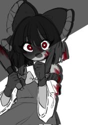 Rule 34 | 1girl, blood, blood on clothes, bow, bowtie, detached sleeves, frilled bow, frills, gloves, greyscale, hair bow, hakurei reimu, heart, heart-shaped pupils, highres, holding, holding knife, knife, looking at viewer, medium hair, monochrome, open mouth, sidelocks, solo, symbol-shaped pupils, tohou89, touhou, yandere