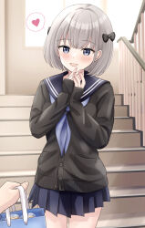 Rule 34 | 1boy, 1girl, :d, bag, black bow, black cardigan, blue eyes, blue neckerchief, blue sailor collar, blue skirt, blush, bow, cardigan, commentary request, day, grey hair, hair bow, hands up, heart, highres, holding, holding bag, indoors, long sleeves, neckerchief, open mouth, original, own hands together, paper bag, pleated skirt, railing, sailor collar, school uniform, serafuku, skirt, sleeves past wrists, smile, solo focus, spoken heart, stairs, standing, sunlight, window, yukimaru217